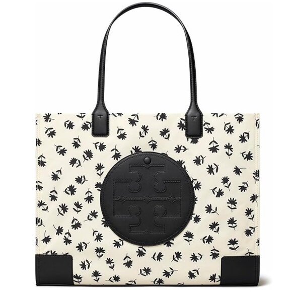 ❤️ NWT Tory Burch Ella Large Nylon Shoulder Tote BLACK SCATTERED DAISY Authentic